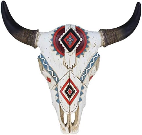 Top Brass Tribal Design Carved Painted Steer Bull Cow Skull - Wall Mount Head - Rustic Western Sculpture
