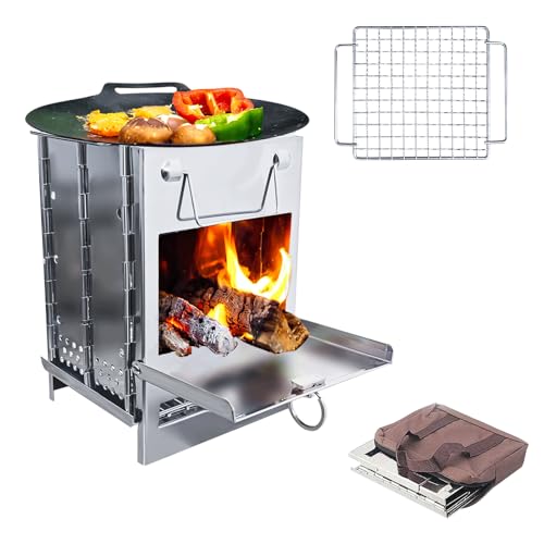 Folding Camping Stove & Grill, Portable Collapsible Backpacking Stove Stainless Steel Wood Burning Camping Stoves for Outdoor Cooking Hiking Survival Travel Picnic BBQ(6.3"x6.3"x8.7")