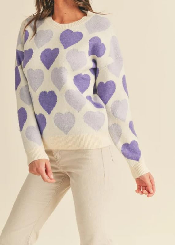 Image of Women Heart Print Knit Pullover Sweater Long Sleeve Round Neck Love Pattern Sweaters Trendy Valentine Knitted Sweater