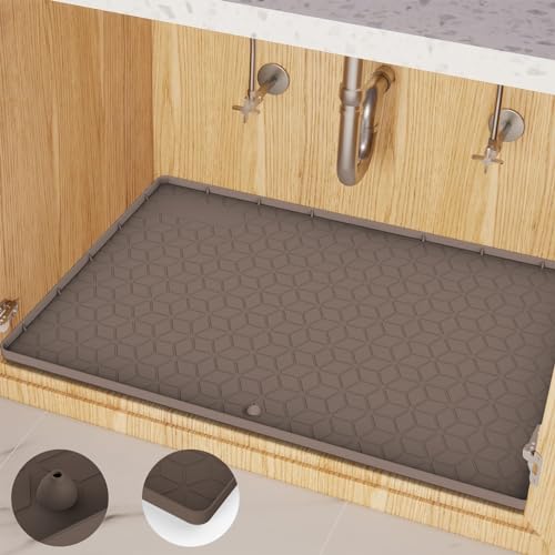 Under Sink Mat for Kitchen, Silicone Waterproof Liner with Drain Hole, Flexible Cabinet Organizer Tray, Holds Up to 3.3 Gallons, Easy to Clean (Brown, 34x22)