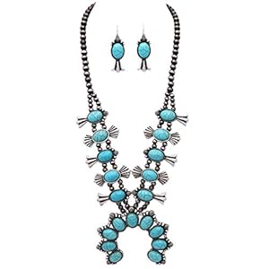 Rosemarie & Jubalee Women’s Statement Western Howlite Squash Blossom Necklace Earrings Set, 27″-30″ with 3″ Extension