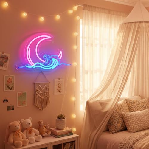 Image of Moon and Wave Neon Sign for Wall Decor Pink Moon Blue Wave LED Neon Light for Bedroom Dresser Aesthetic Room Decor USB Powered Wall Art for Living Room Bar Kid's Room Ideal Teens Girls Gifts