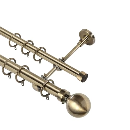 Lister Cartwright Double Curtain Extendable Pole Set with Antique Brass Ball Finials – 19mm & 28mm Metal Poles for Layered Curtains, Sheer & Blackout, Brackets, Rings & Fixings (210-320 cm)