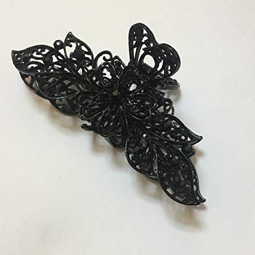 Pinza para el cabello Fodattm Lady Women Negro Retro con flores, clip para el cabello vintage con pedrería, aleación, tamaño grande, para cabello grueso miniatura 3