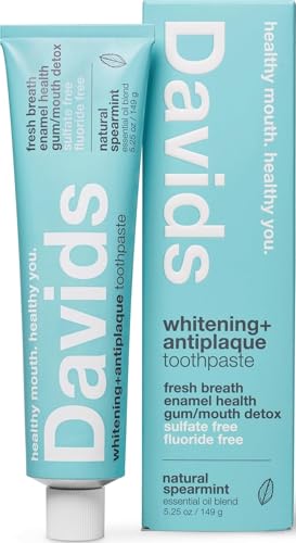 Image of Davids Fluoride Free Toothpaste Teeth Whitening SLS Free Spearmint 5.25oz | Antiplaque Protection, Promotes Enamel Health, Supports Mouth & Gum Detox, EWG Verified, Peppermint Toothpaste
