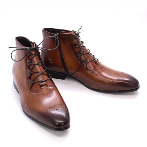 Men's Classic Handmade Genuine Cowhide Ankle Boots Pointed Toe Formal Shoes Side Zip Lace Up Business Boots,Brown,9.5 UK