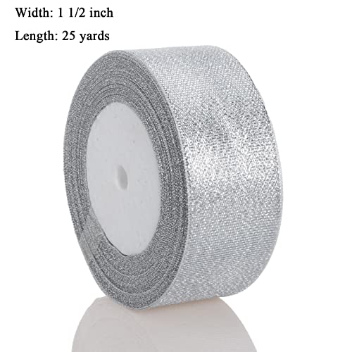 Yaseo 1 1/2 Inch Silver Glitter Ribbon, 25 Yards Sparkly Metallic Fabric Ribbons For Gifts Wrapping Wedding Party Decoration And Crafts #TOP1