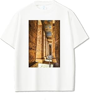 تيشرت قطن ابيض بطباعة معبد مصري قديم بتصميم اهرامات هيروغليفية مقاس (9-12)