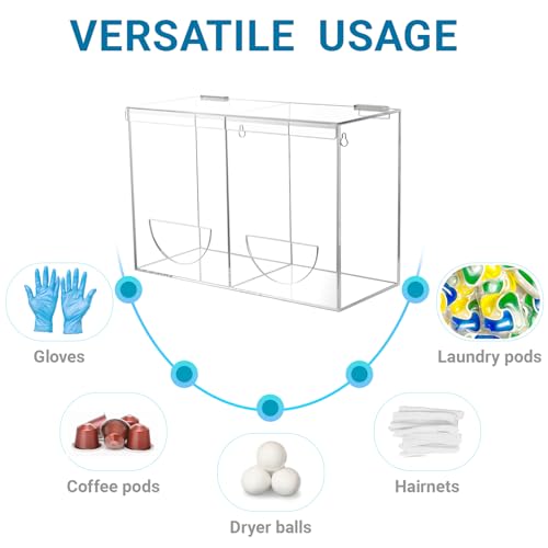 Image of Glove Dispenser Wall Mounted Medical Glove Holder with 2 Compartment Clear Acrylic Hygiene Dispenser for Hair Nets, Shoe Covers, Beard Nets - Sanitation Station Storage Organizer