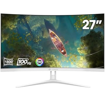 CRUA Monitor branco curvo de 68.6 cm, painel VA Full HD (1920 x 1080P) 1800R 100HZ 99% sRGB, monitores profissionais de computador 3 lados, sem moldura, sem cintilação, filtro de luz azul, para
