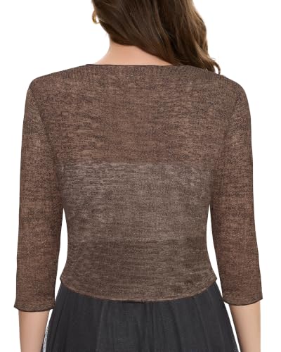 Image of Women Crop Cardigan Sheer Mesh Bolero Shrug for Dress Tie Front 3 /4 Sleeve Tops