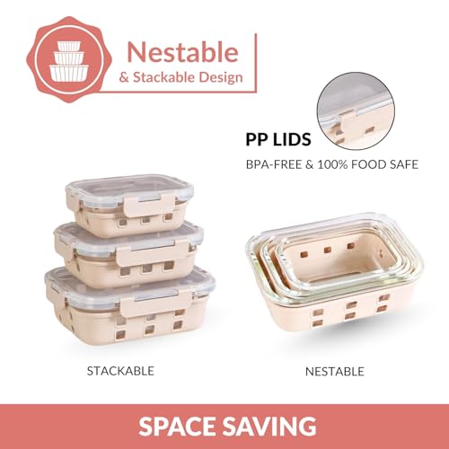 Image of Nestasia Gripso Glass Containers Set of 3 with Silicone Sleeve & Locking Lid (370ml, 600ml, 1000ml), Rectangle Food Storage Containers for Kitchen | Microwave, Dishwasher & Freezer Safe (Beige)