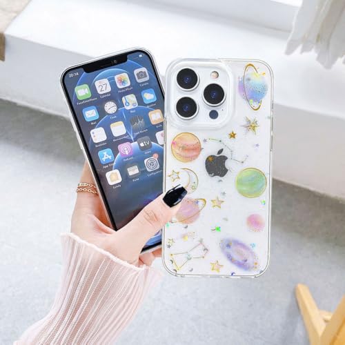 Coque iPhone 16 Pro transparente à paillettes motif planète et étoiles