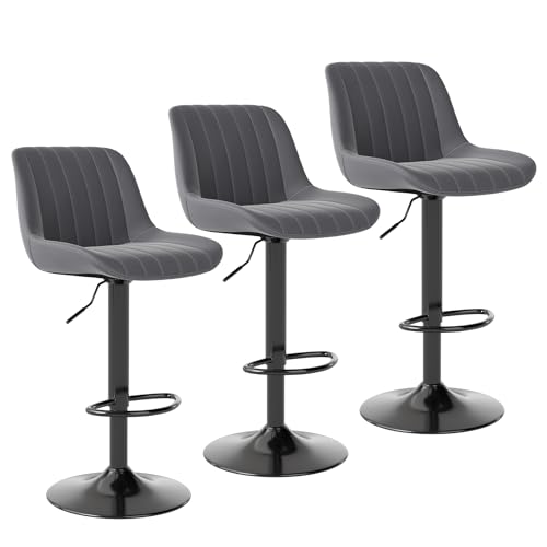 Image of Youhauchair Adjustable Faux Leather Bar Stools Set of 3, Grey1 | Swivel, Counter Height, Back & Footrest, Armless, PU, Modern, Kitchen Island Stool, Upholstered Dining Room Chair