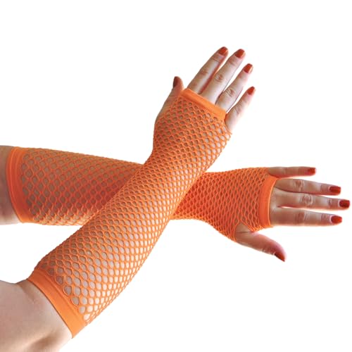 Western F.a.s.h.i.o.n Fishnet Long Fingerless Gloves, Mesh Net Material, Costume Accessory (Orange, One Size)