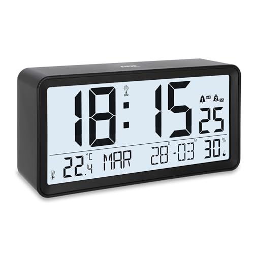ADE Reloj Despertador Digital radiocontrolado con dígitos XXL | Reloj de sobremesa con de Calendario | indicación de Temperatura y Humedad | 2 Horas de Alarma y repetición | Negro