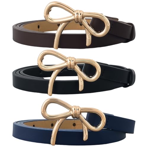 3 Colors 0.5 Inch Width Thin Waist Belts PU Leather Bow Skinny Belts with Gold Alloy Bowknot Buckle Elegantes Adjustable Slim Leather Waist Strap for Women Ladies Dresses Jeans Pants