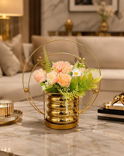 Image of Divyakosh Artificial Flower Vase, Metal Golden Ring with Pre Fixed Flowers, Gift Item, Showpiece | Home Decoration Items for Living Room | Aesthetic Home Decor, Vase for Home Decor'