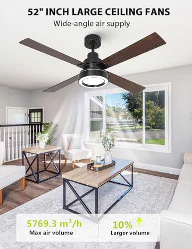 Image of 52 Inch Black Ceiling Fan with Light and Remote, Indoor Outdoor Modern Black Ceiling Fan, 3CCT Dimmable, Reversible Motor, Dual-Sided Blades Ceiling Fans for Bedroom Living Room Patio -Upgraded