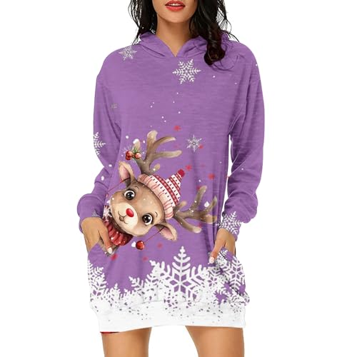 Weihnachts Pullover Kleid Damen Ugly Christmas Pullover Lang Schneeflocke Muster Casual Weihnachtskleid Kitschige Bequem Weit Kapuzenpullover mit...