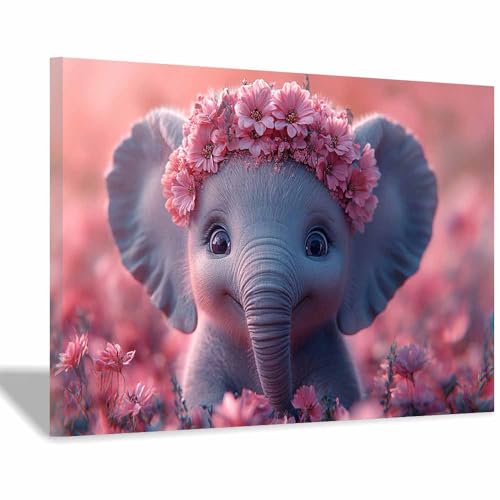 Impression sur toile éléphant couronne de fleurs rose 40x60cm encadrée
