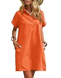 Zeagoo Womens Linen Dress Cotton Shirt Dress Summer Casual Short Sleeve Button Down Beach Cover Up Shirts with Pockets Orange M