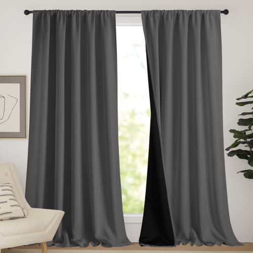 NICETOWN Total Shade Curtains and Draperies, Grey Blackout Bedroom Curtains, Heavy-Duty Rod Pocket Drapes with Black Liner Backing for Villa/Hall/Dorm Window (2 PCs, 62 inches Wide x 95 inch