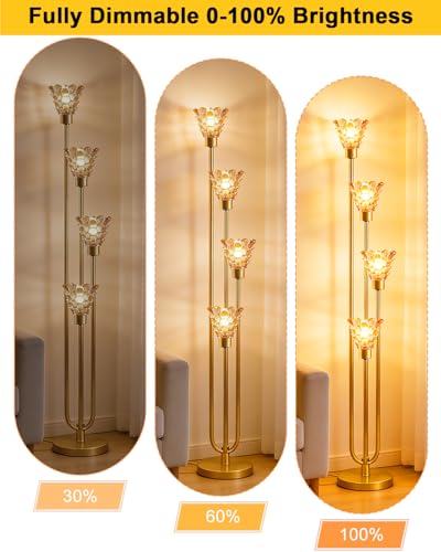 Image of Lightdot Glass Floor Lamp Dimmable 4-Lights Gold with Amber Glass Shade 3000K Bulbs Included Mid Century Modern Standing Tall Lamp with 5Lbs Heavy Base for Living Room /Bedroom /Sofa Beside /Corner Decor