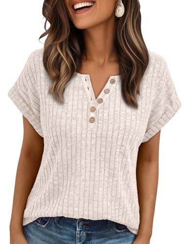 AUTOMET Women Tops Summer Sweaters Short Sleeve V Neck Henley Shirts 2025 Spring Business Casual Fashion Dressy Button Blouses Beach Vacation Clothes Outfits Apricot XL