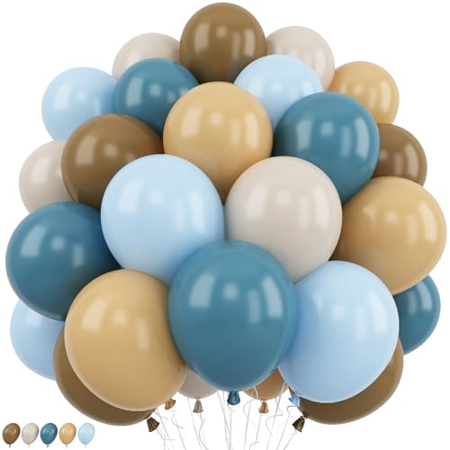 Image of Blue and Brown Balloons Bear Dusty Pastel Blue Khaki Nude White Sand Balloons Tan Apricot Beige Cream Balloon for Boys One Sweet Cookie Baby Shower Birthday Gender Reveal Party Decorations