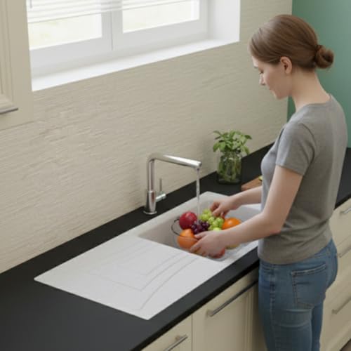 Image of ARQUIN Quartz Kitchen Sink with Drainboard 36x18x9 InchRosa Granite sink for kitchen b asin,UV Protected, Undermount | Topmount Including Coupling, Waste Pipe & Strainer Basket