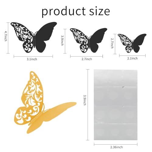 MultiValue 3D Schmetterlinge Deko, 12 Stück Schmetterling Wanddeko mit Kleber 3 Größe 3D Schmetterling Gartendekoration Wand Deko für Hochzeit Party Balkon Wand (12, Schwarz)