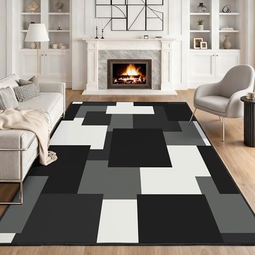 Tyrot Modern Geometric 5x7 Area Rugs Non Slip Mid Century Washable Rug Black and White Grey Abstract Ultra Thin Linen-Look Indoor Outdoor Rug for Living Room Bedroom Dining Room, Home Office