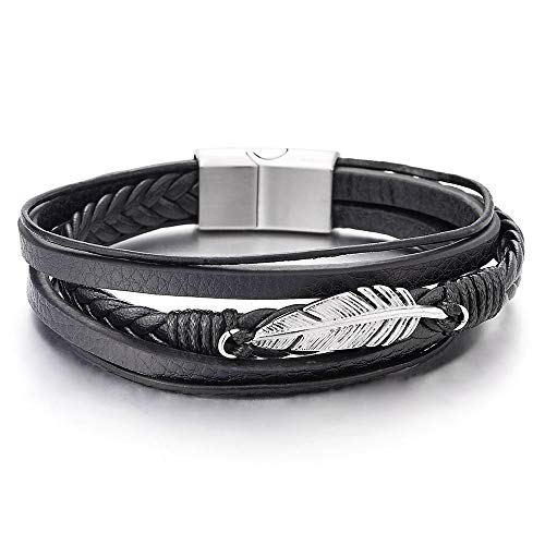 COOLSTEELANDBEYOND Edelstahl Feder Multi-Strang Schwarz Geflochtene Lederarmband Armreif für Herren Damen