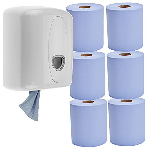 Centerfeed Paper Towel Dispenser Wall Mounted Includes 6 Centre Pull Rolls White Commercial Grade Hygienic Hands-Free Tissue Dispenser for Kitchens Bathrooms Offices Garages