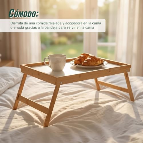 Miniatura 2 de Relaxdays Bandeja Cama De Bambú Y Mdf, Patas Plegables, Mesita Desayuno, Mesilla Sofá, 23,5 X 63 X 31 Cm, Natural Blanco