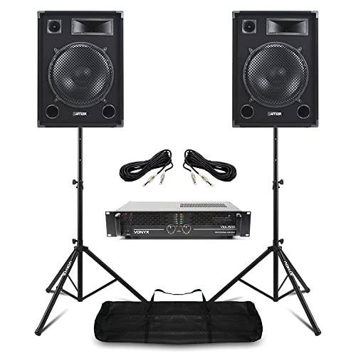 Max SP15 Passive DJ Speaker Set with Vonyx VXA-1500 Amplifier, Stands & Cables - Complete 2000W 15 PA System for DJ, Disco, Events & Parties