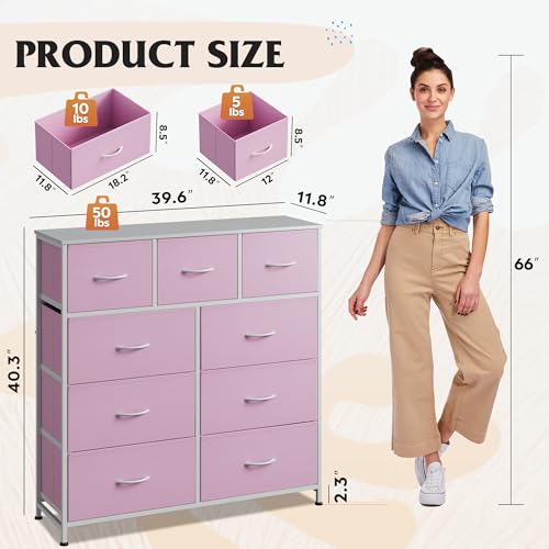 Image of WLIVE 9 Drawer Dresser, Fabric Storage Tower for Bedroom, Hallway, Closet, Tall Chest Organizer Unit for Bedroom with Fabric Bins, Steel Frame, Wood Top, Easy Pull Handle, A-Pink
