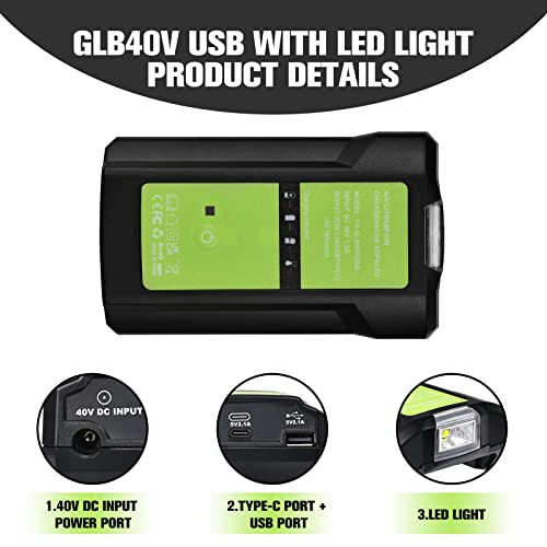 HLiePiHa Adapter Suitable For GreenWorks GLB40V Lithium-ion Battery Electric Tool Charger Overcharge Protection With 5V2.1 USB type c Can charge phone 40VDC Input And 3W LED Light (Battery not include