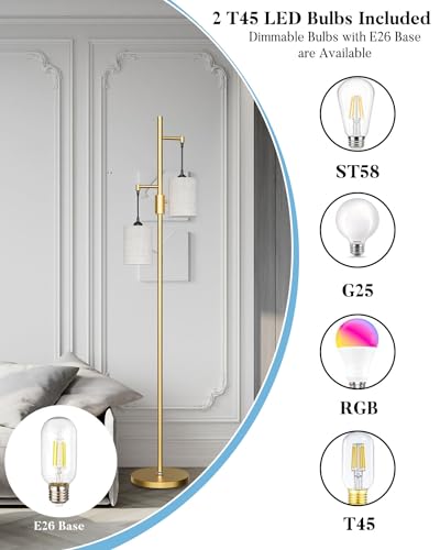 Image of Lightdot 65IN Gold Floor Lamp for Living Room, Industrial 2-Light Tree Floor Lamps with Linen Shade, Modern Standing Tall Lamp with 5Lbs Heavy Base for Bedroom /Sofa Beside /Corner Decor(Bulb Included)
