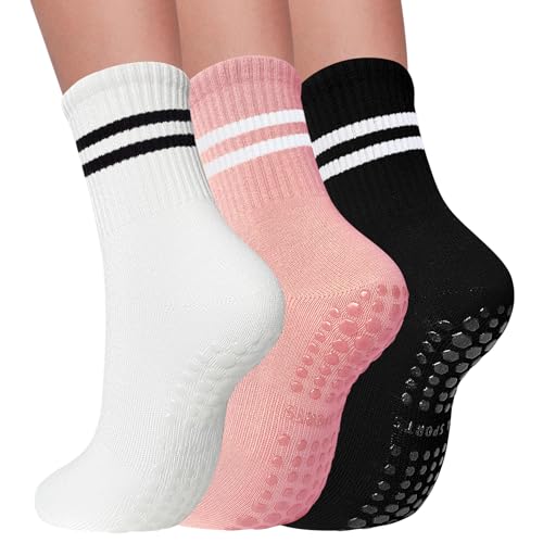 Image of 3 Pairs Pilates Socks with Grips for Women Non Slip Grip Socks for Yoga Barre Hospital Workout