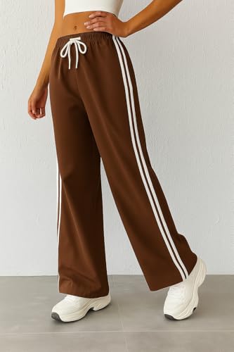 Image of SAKHWALA Women Track Pant | Women's Wide Leg Track Pants High Waist Drawstring Sweatpants with Side Stripes, Casual Loose Fit Lounge Joggers, Dark Grey
