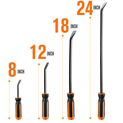 REXBETI Pry Bar Set, 8", 12", 18" and 24" Heavy Duty Pry Bar 4-Piece Mechanic Hand Tools, Thicker Strike Cap Handle, Black Orange