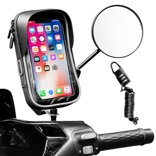 LPAMABA Soporte Móvil Moto Impermeable, Soporte Movil Moto Retrovisor con Cerradura de Casco con Contraseña, Pantalla Táctil Sensible, Ajustable 360°, Compatible con Móviles de 6,7 Pulgadas