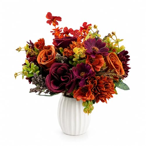 Suxyn Autumn Artificial Flowers 3 Bundles Rose Hydrangeas with Eucalyptus Violet Realistic Faux Flowers for Home Garden Wedding Fake Flowers for Autumn Decorations Thanksgiving Halloween