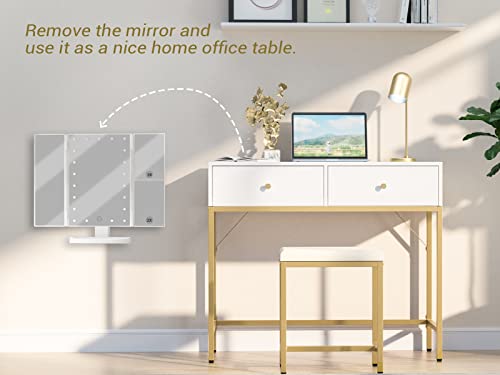 Superjare Vanity Desk, Makeup Vanity With Stool & Tri-Fold Lighted Mirror, Vanity Table Set With 2 Large Drawers - White And Gold #TOP6