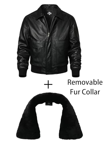 HOOD CREW Men’s Genuine Leather Flight Bomber Jacket Air Force Aviator Outerwear Jackets with Removable Fur Collar4