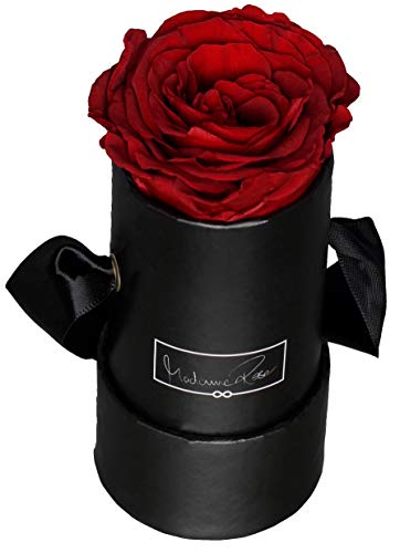 MadameRose Rosenbox rund mit 1 konservierten roten Rose in schwarzer Hutschachtel als Geschenk und Deko, Größe S, echte Premium Rosen 3 Jahre haltbar