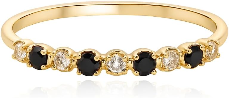 14K Gold Black Onyx & White Diamond Band – Dainty Stackable Eternity Ring for Women, Minimalist Gold Promise Ring, Elegant Anniversary Band Wedding gift For Bridal