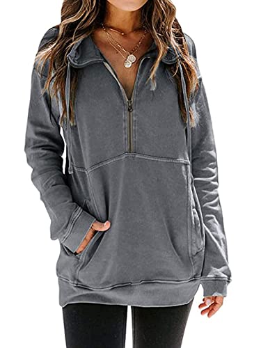 Ladmous Women’s Casual Long Sleeve Half Zip Sweatshirt Lapel Drawstring Oversized Pullover Tops with Pockets（S-2XL